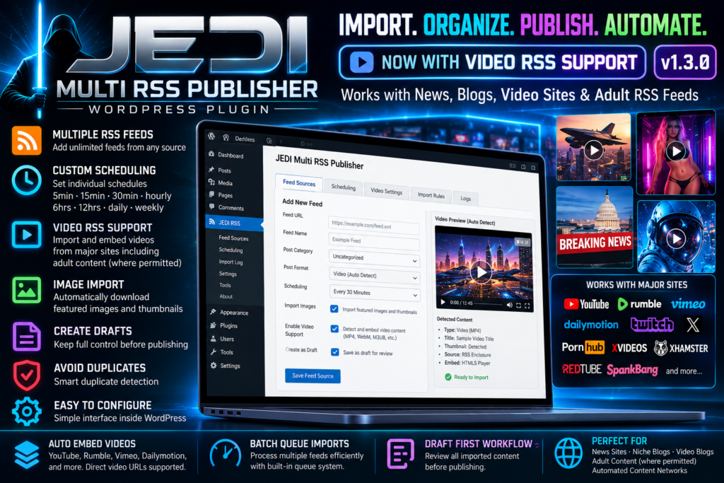 JEDI Multi RSS Publisher 1.3.0 WordPress plugin product preview showing video RSS support, feed scheduling, image imports, draft workflow, and duplicate detection